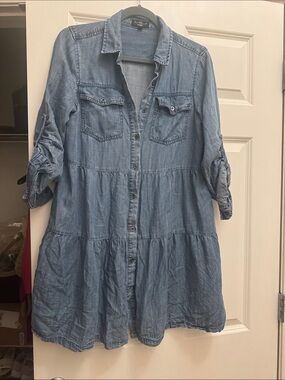 Blue Chambray Tiered Midi Shirt Dress